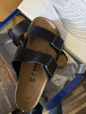 New! Birkenstock Arizona Black Leather Two-Strap Sandal - Unisex